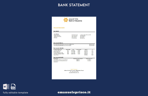 modello word di estratto conto bancario della Banca d'Abissinia in stile verific